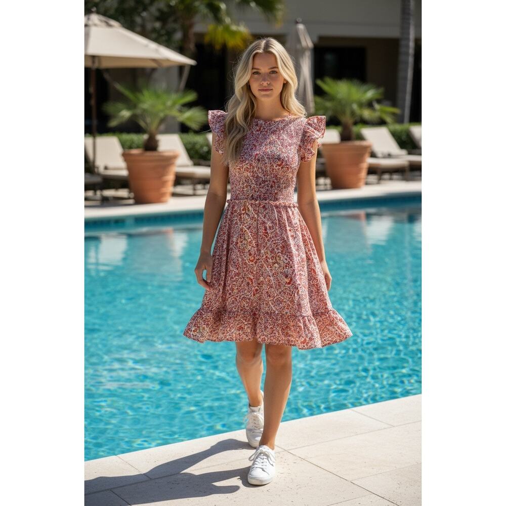 Vineyard Vines Red Floral Smocked Dress Comfortable Fit Flare Resort Vacation SM
